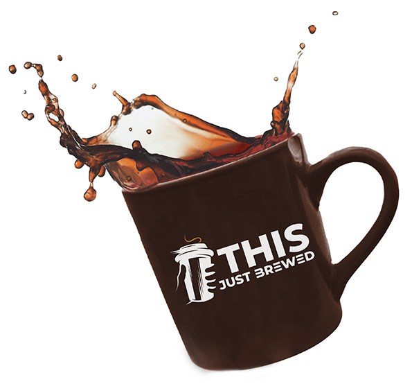 This Just Brewed Logo on a cup of coffee